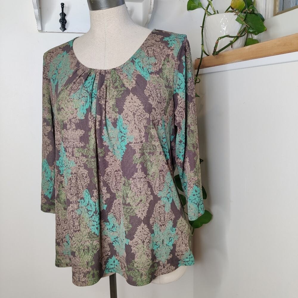 J.Jill 3/4 Sleeve Multicolored Damask Print Knit Blouse Size Large